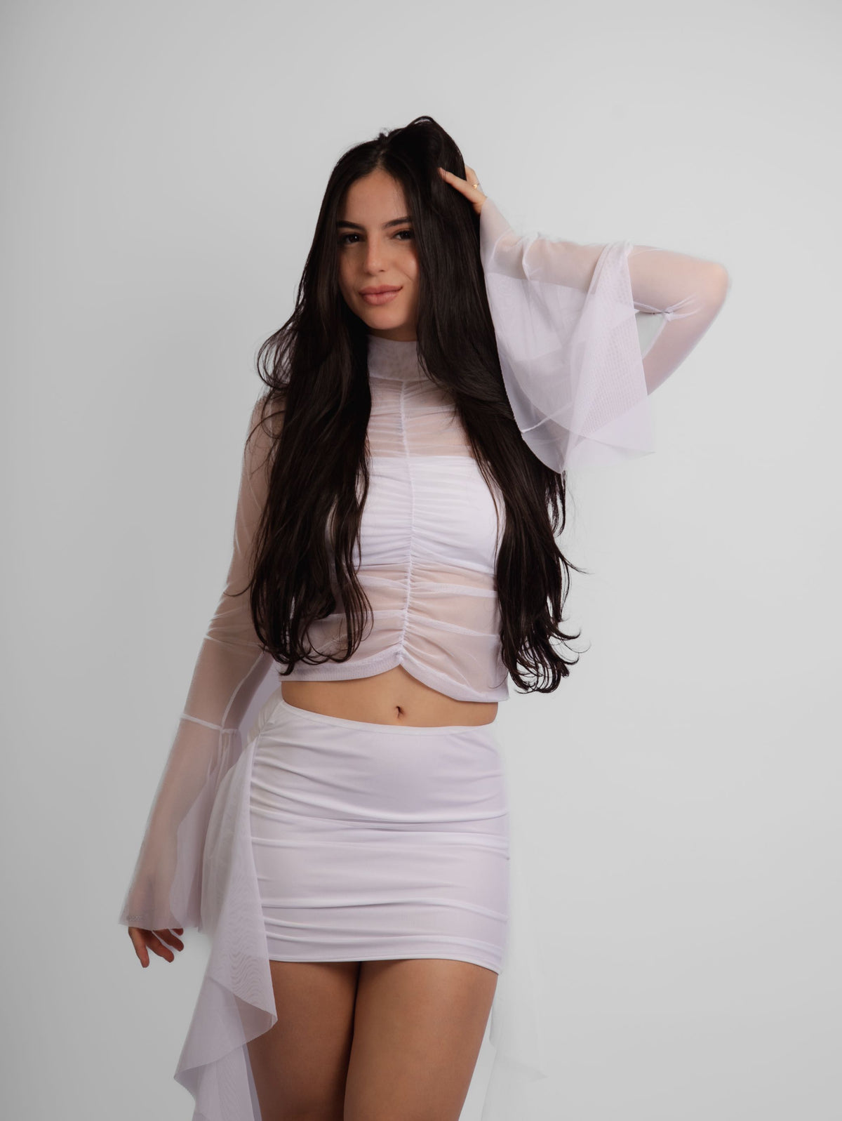 Top tule manga longa drapeado muse + top faixa