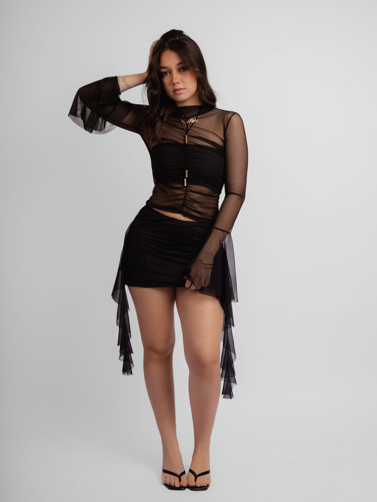 Top tule manga longa drapeado muse + top faixa