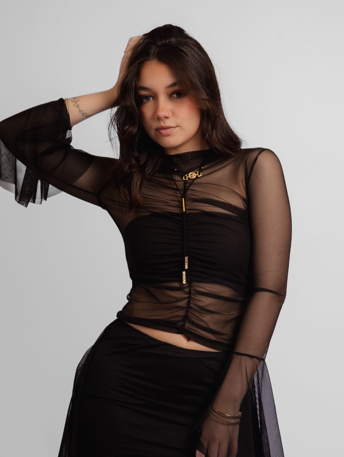 Top tule manga longa drapeado muse + top faixa