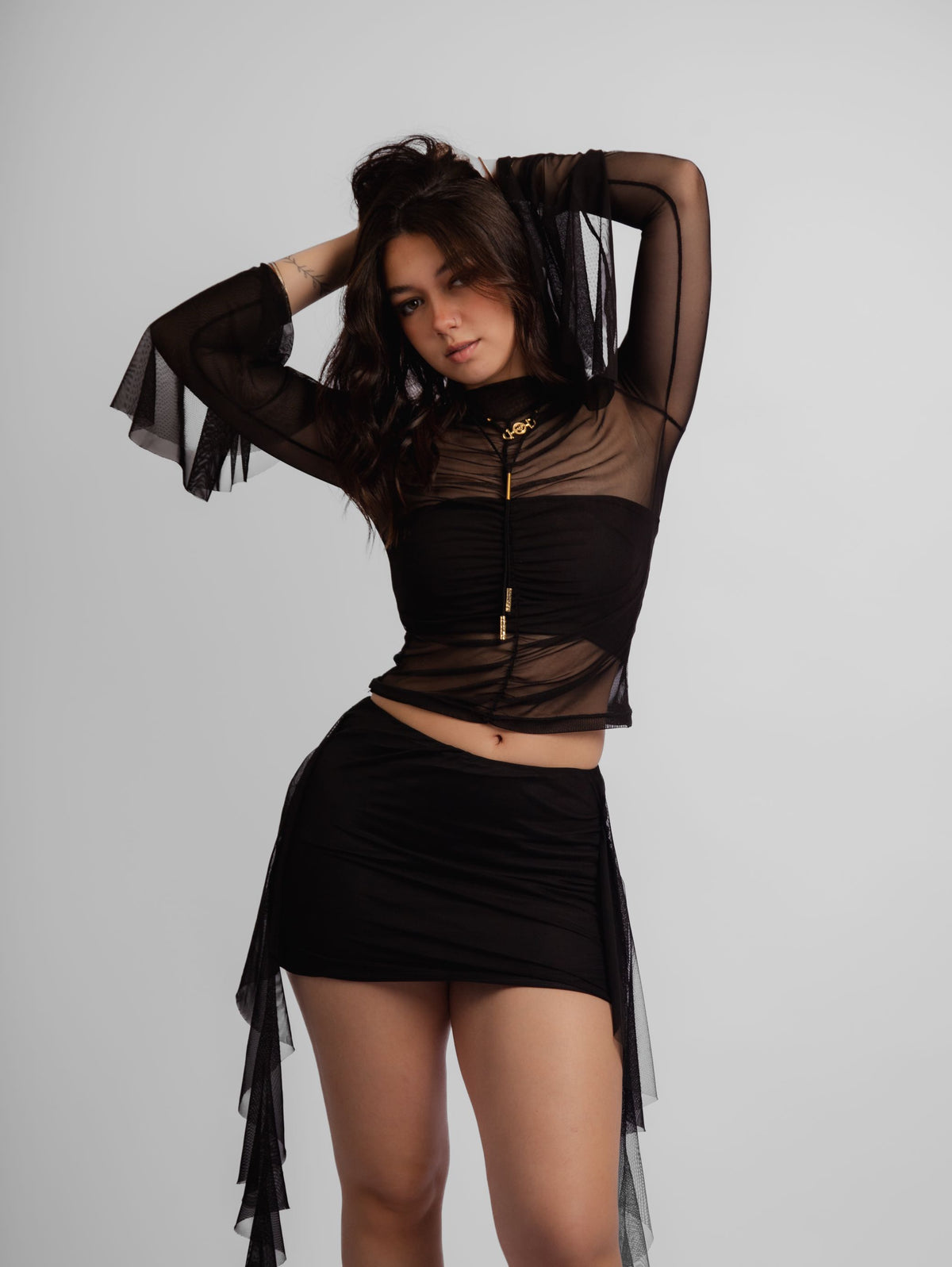 Top tule manga longa drapeado muse + top faixa