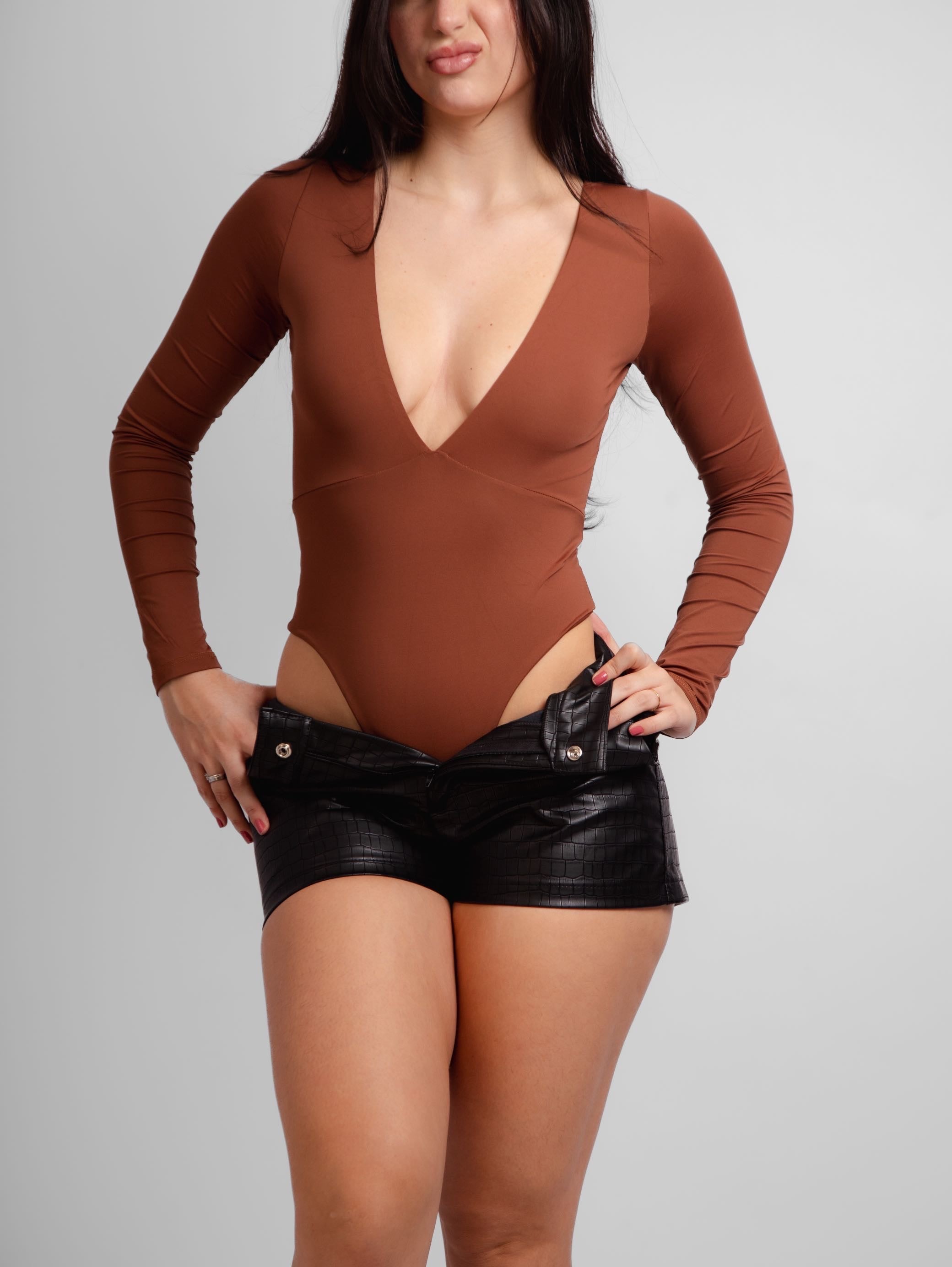 Body manga longa decote V 2 em 1